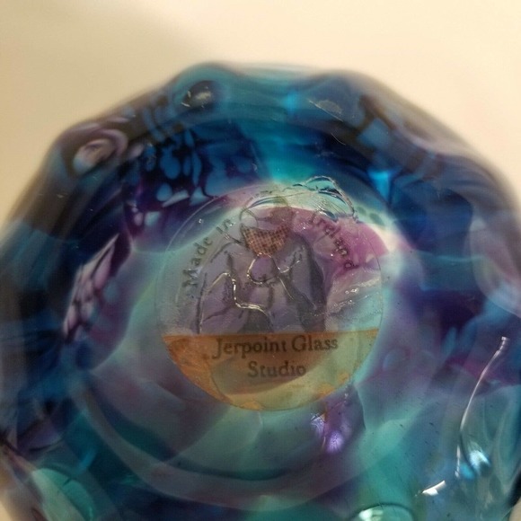 Jerpoint Glass Studio Ireland Hand Blown Purple Blue Swirl 4" Glass Vase - Picture 8 of 9